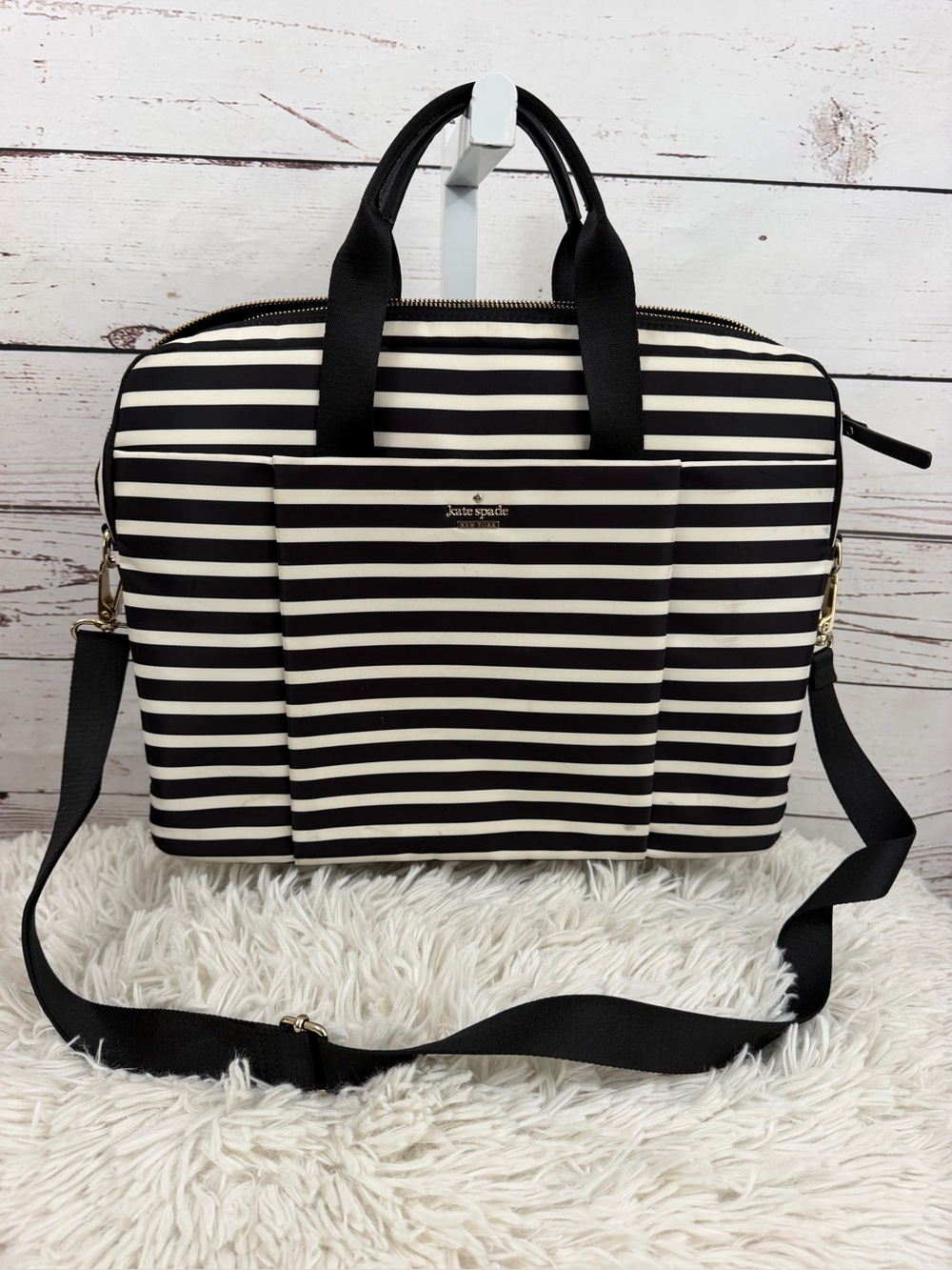 Kate Spade Daveney Striped Nylon Laptop Bag Black White Crossbody